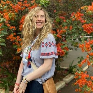 LOFT Blue Striped Blouse with Red Embroidery